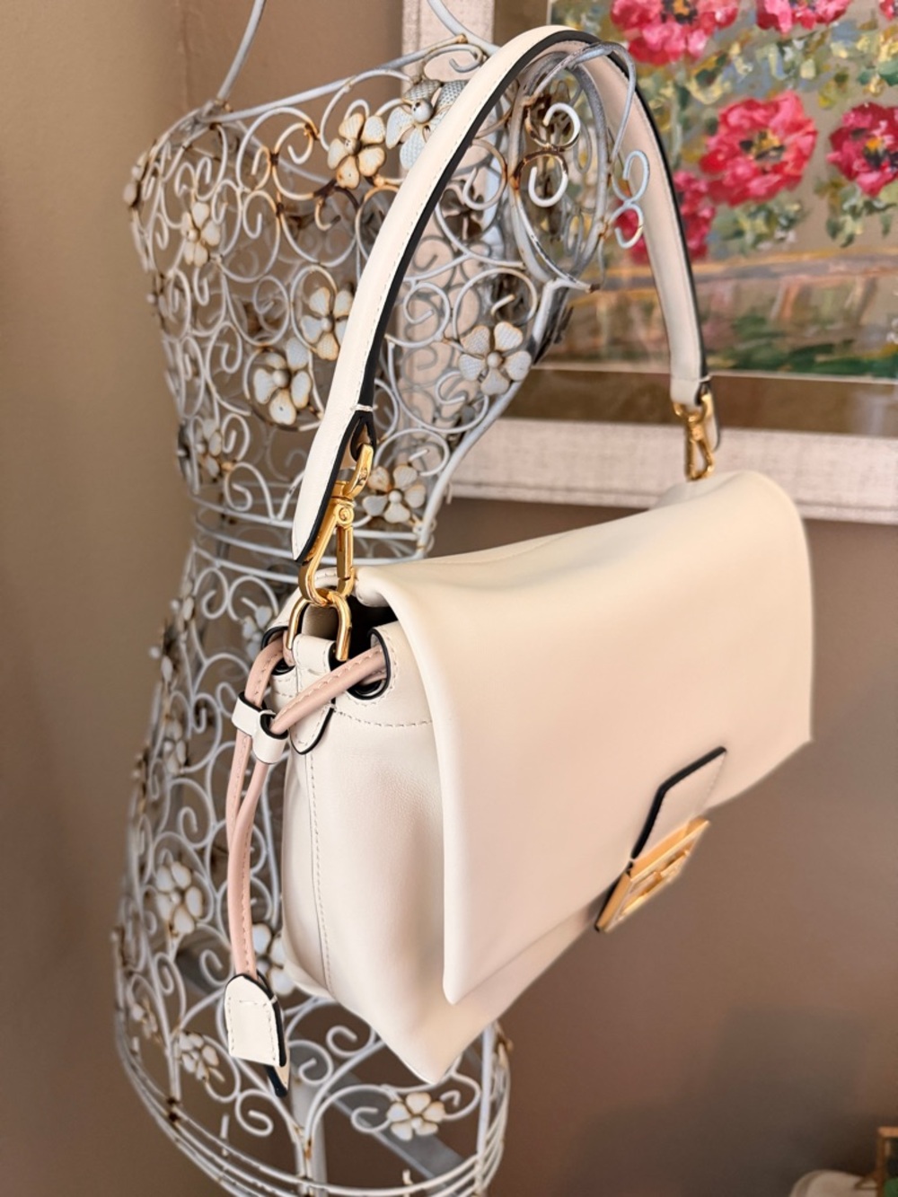 Cream Genuine Leather Medium Mamma Baguette with Gold Hardware - Picture 2 of 12